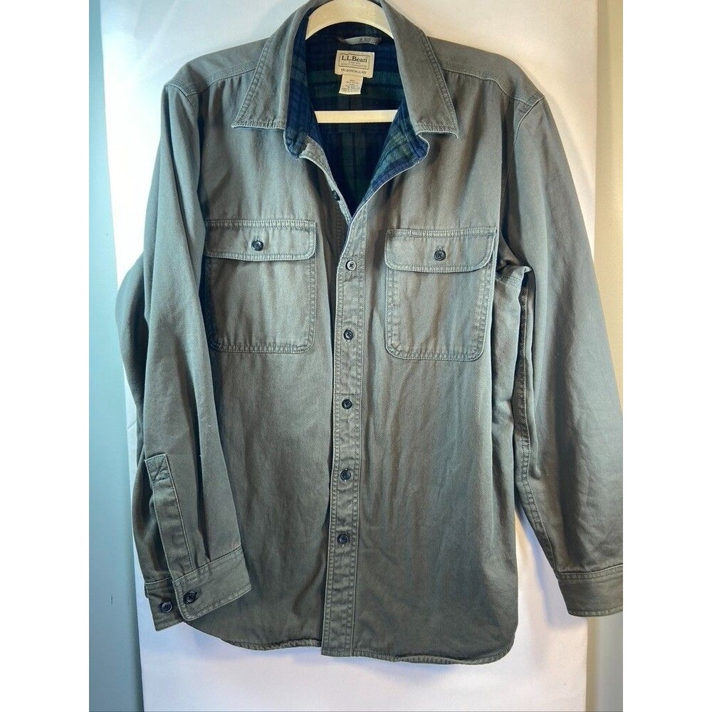 LL BEAN MENS M REG GRAY FLANNEL LINED LONG SLEEVE BUTTON UP SHIRT